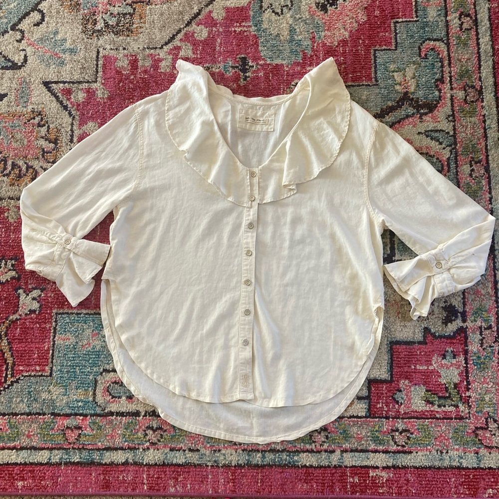 Free People We The Free Amber Ruffle linen blouse top Ivory Ecru size large